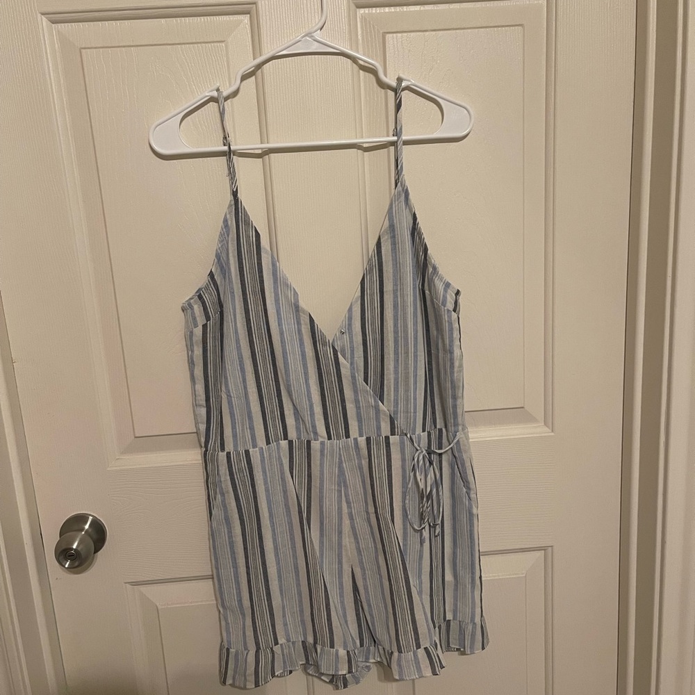 Dark blue, light blue striped white romper